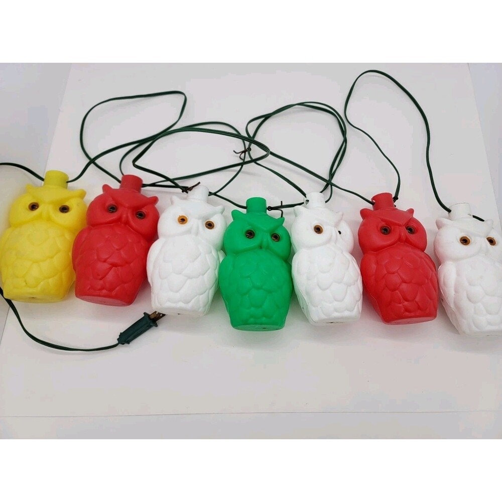Vintage 7 Owl Blow Mold String Lights Multicolor Plastic Party Lights Works